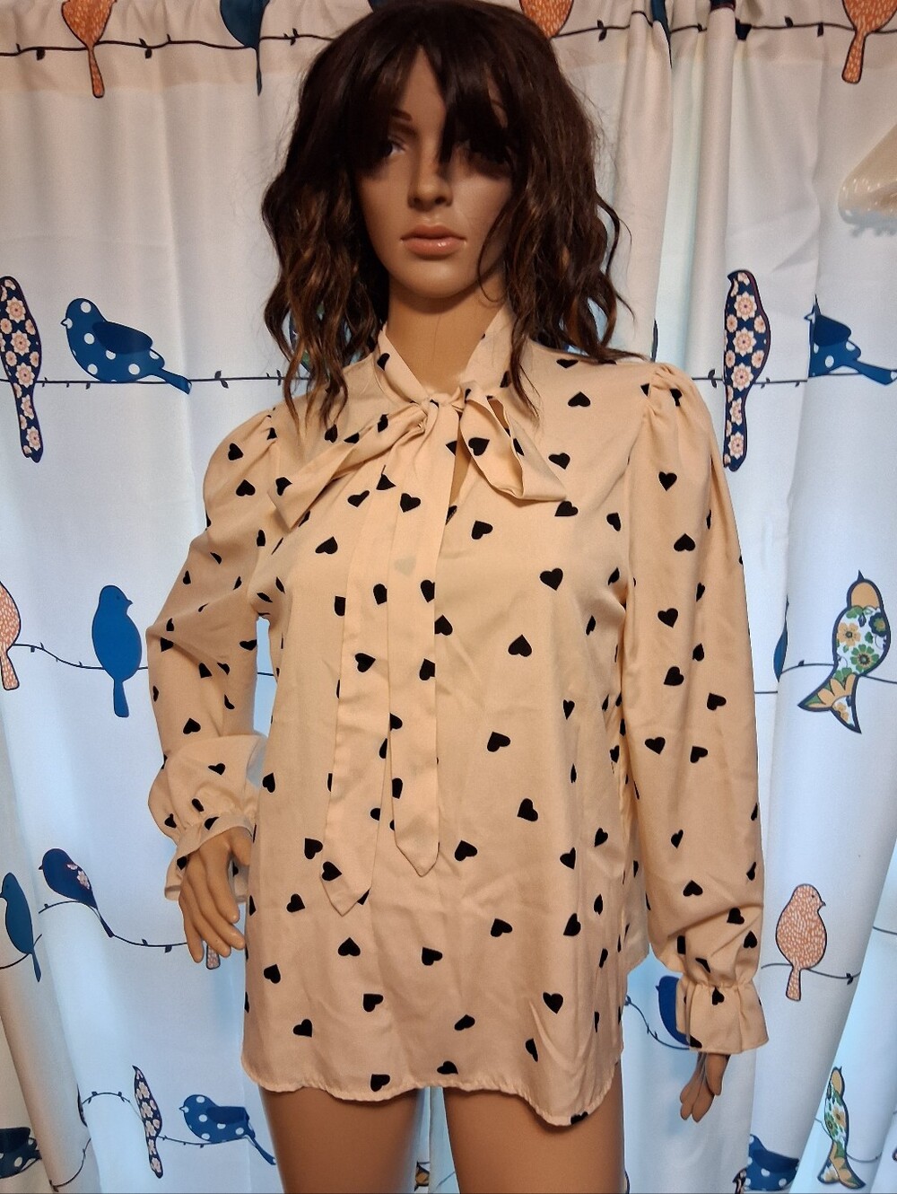 SHEIN Cream Heart-Print Bow Tie Long Sleeve Blouse Size L